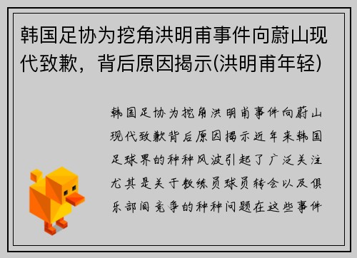 韩国足协为挖角洪明甫事件向蔚山现代致歉，背后原因揭示(洪明甫年轻)