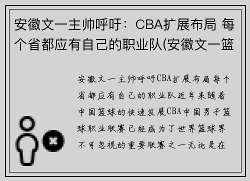 安徽文一主帅呼吁：CBA扩展布局 每个省都应有自己的职业队(安徽文一篮球队队员)