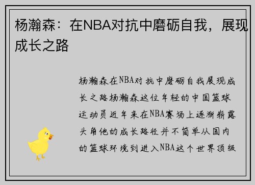 杨瀚森：在NBA对抗中磨砺自我，展现成长之路