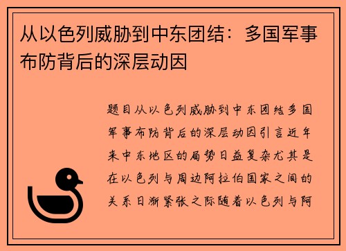从以色列威胁到中东团结：多国军事布防背后的深层动因