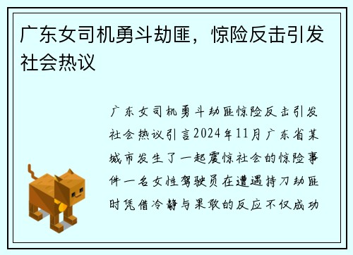 广东女司机勇斗劫匪，惊险反击引发社会热议