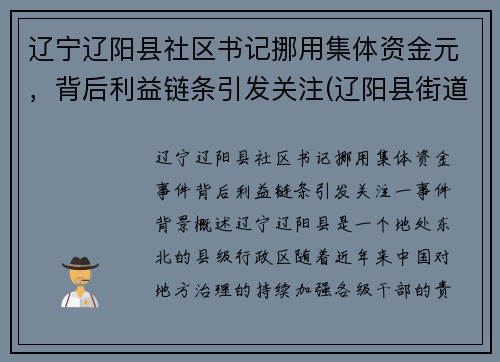 辽宁辽阳县社区书记挪用集体资金元，背后利益链条引发关注(辽阳县街道)