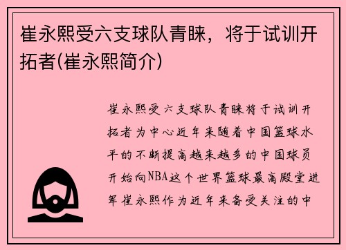 崔永熙受六支球队青睐，将于试训开拓者(崔永熙简介)