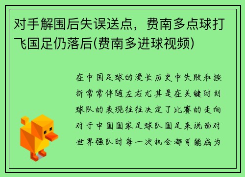 对手解围后失误送点，费南多点球打飞国足仍落后(费南多进球视频)