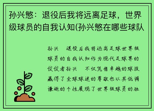 孙兴慜：退役后我将远离足球，世界级球员的自我认知(孙兴慜在哪些球队效力)