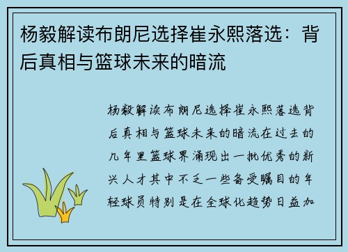 杨毅解读布朗尼选择崔永熙落选：背后真相与篮球未来的暗流