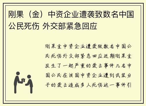刚果（金）中资企业遭袭致数名中国公民死伤 外交部紧急回应